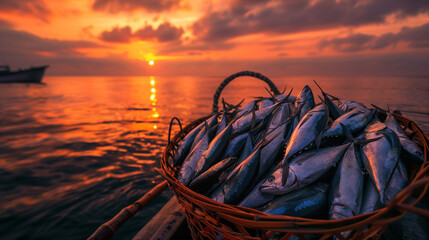 Wall Mural - pile of tuna fish neatly arranged in a basket on a small boat, with the evening sky as a background, Ai generated Images