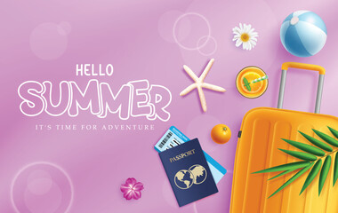 Canvas Print - Summer hello text vector background design. Hello summer greeting text with bag luggage, passport and ticket elements for tropical season beach vacation background. Vector illustration summer greeting