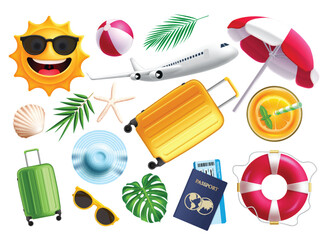Sticker - Summer travel beach elements vector set. Summer travel and vacation elements like airplane, bag luggage, hat, passport and ticket in 3d realistic collection design. Vector illustration summer elements