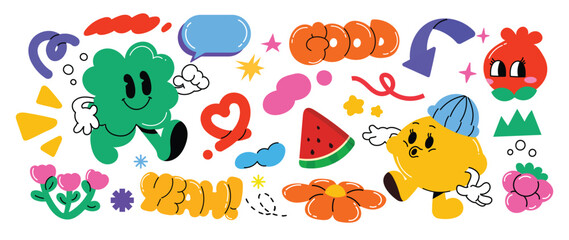 Sticker - Set of funky groovy element vector. Collection of cartoon characters, doodle smile face, leaf, lemon, flower, speech bubble. Cute retro groovy hippie design for decorative, sticker, kids, clipart.