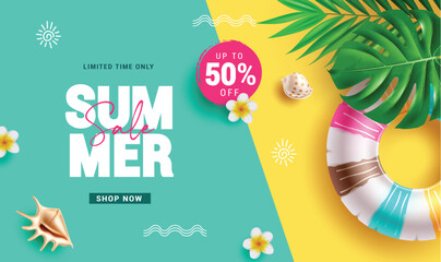 Wall Mural - Summer sale text vector template design. Summer limited time offer text with beach elements for seasonal shopping promotion background. Vector illustration summer sale banner. 
