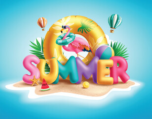 Wall Mural - Summer 3d text vector design. Summer greeting colorful text with flamingo wearing sunglasses and floaters in sand island seashore beach concept. Vector illustration summer 3d text design. 
