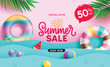 Summer sale text vector banner design. Summer special offer text with paper cut wave and beach elements for seasonal shopping sale advertisement. Vector illustration promo discount banner. 
