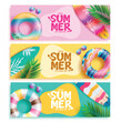 Hello summer greeting vector banner design. Summer hello greeting text with colorful floaters, surfboard, sunglasses and palm leaves decoration elements. Vector illustration summer seasonal collection