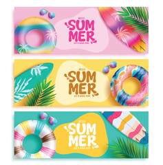 Wall Mural - hello summer greeting vector banner design. summer hello greeting text with colorful floaters, surfb