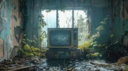 Old retro box tv at abandoned living room. Vintage television set. Old fashion tv on wooden table in horizontal position. Ruined home background. Dirty cracked walls.