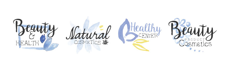 Sticker - Natural Beauty Cosmetic Product Promo Sign Colorful Vector Set