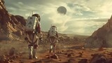Fototapeta Kosmos - Two Astronauts explore Mars. 2 Spacemen wear helmet suit. Cosmonauts discover new place. Nasa cosmos journey. Whole galaxy trip concept. Explorer mission. Open galactic atmosphere. White spacesuit.