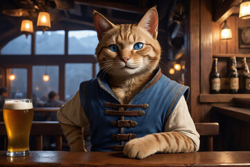 Wall Mural - An adventurer anthropomorphic cat in a tavern