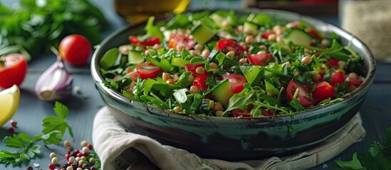 Wall Mural - A refreshing salad featuring a vibrant assortment of tomatoes, cucumbers, and other fresh vegetables, perfect for a nutritious and delicious summer meal option.