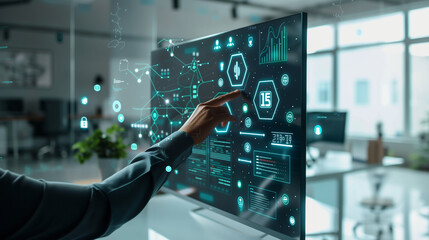 Digital transformation concept. System engineering. Binary code. Programming. a digital engineer touching a big screen in a bright office with floating icons around and charts to imagine 