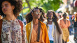 © boti1985 - A diverse group of models showcasing eco-friendly fashion on a vibrant street corner