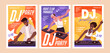 Posters of disco party with disc jockeys in night club. Techno musicians mixing tracks, play electro music with mixer console. Promotion of DJ performance on placards. Flat vector illustrations