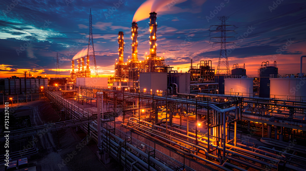Oil refinery plant at sunset. Industrial landscape of petroleum and ...