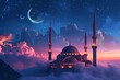 Illustration of mosque in the sky with an aesthetic-pastel cloud, night time with crescent poster