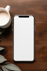 Wall Mural - Top view An aesthetic view of a smartphone with an empty white mock up screen with copy space on a brown office table with a cup of coffee, Latte. Flat lay Workspace, Modern technologies concepts.