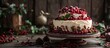 A festive cake with white frosting and red berries arranged on top, set against a wooden backdrop. The cake is studded with rum nuts and fruits, creating a visually appealing and delicious dessert.
