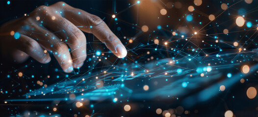 A person is using their finger to interact with a touch screen. a male touching a digital screen panel