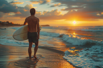 Wall Mural - Caucasian man with surfboard standing on sea sand beach