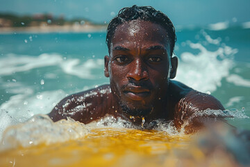 Wall Mural - African man riding the wave on a surfboard