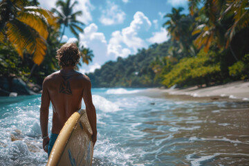 Wall Mural - Asian man with surfboard standing on sea sand beach