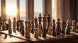 Chess game on a desk with sun behind. A striking image of a large chess set placed on a sturdy wooden table.generative ai