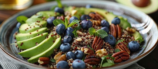 Sticker - A bowl filled with a mixture of fruit and nuts including blueberries, avocado, and pecans, placed on top of a wooden table.