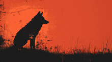Silhouette of a howling wolf against a red and orange textured backdrop,ai generated