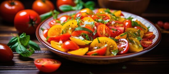 Wall Mural - A bowl overflowing with an assortment of colorful and vibrant vegetables, including tomatoes, cucumbers, bell peppers, carrots, and lettuce. The fresh produce creates a visually appealing display of