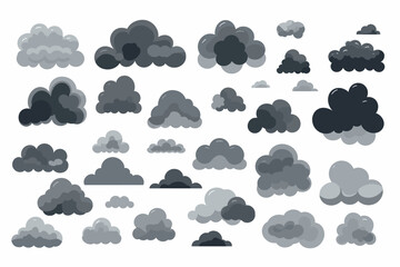 Wall Mural - Cartoon rainy storm cloud vector set. White sky with dark grey clouds	