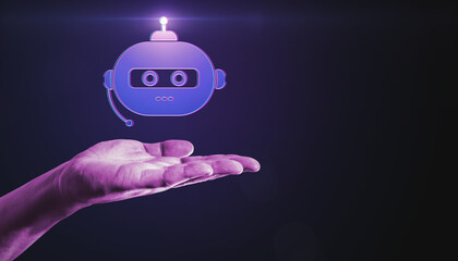 Poster - Close up of hand holding creative robot hologram on blurry dark purple background with mock up place. Chat GPT and ai, customer support and bot concept.