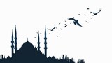 Fototapeta Uliczki - silent ballet unfolds in black and white, with a flock of birds circling a majestic mosque bathed in moonlight