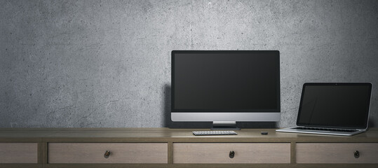 Wall Mural - contemporary minimalistic designer office interior with blank computer and laptop monitors. mock up,