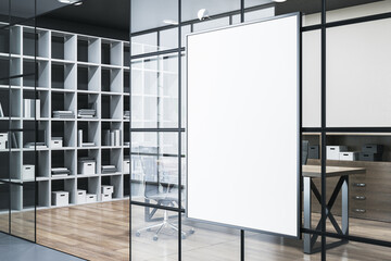 Poster - Modern conference room interior with white mock up poster on wall, glass partition, wooden flooring and bookcase. 3D Rendering.