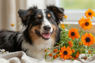 Wall Mural - a dog at the window with garden flowers