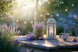 Garden table with decoration elements with lavender flowers and a lamp next to it, with space for text or inscriptions
