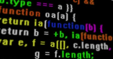 Multi-colored program code will scroll on the screen, close-up. System crash, glitch effect. Concept of program failure, glitch, crash, programming.