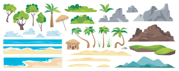 Leinwandbilder - Beach landscape elements constructor mega set in flat graphic design. Creator kit with tropical palm trees, green bushes, ocean sand coasts, clouds, mountains, resort bungalow. Vector illustration.