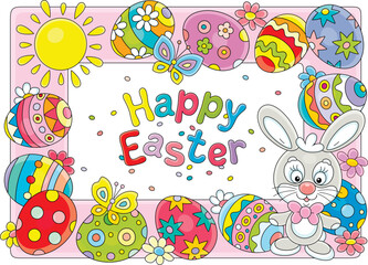 Sticker - Greeting card and holiday frame border with a happy Easter bunny and colorfully painted gift eggs with spring flowers and merry butterflies fluttering around under a shining Sun, vector cartoon