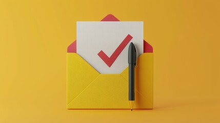 Fototapete - An icon with a check mark in a letter envelope with a pen. Approval of a document or email. A realistic cartoon element isolated on a yellow background. 3D rendering.