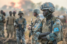 A UN peacekeeping force overseeing a ceasefire in a volatile region. A group of soldiers are standing in a field with their arms crossed