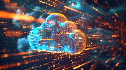 Digital informational technology web futuristic hologram with cloud icon, blue golden light digits and code background