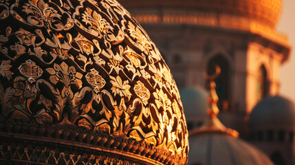 Wall Mural - A close-up of intricate patterns on a beautifully crafted mosque's dome, illuminated by the warm glow of dawn, evoking a sense of spiritual awakening.