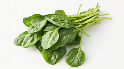 Poster - Fresh spinach leaves splayed on a white background, vibrant and green.