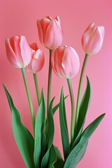 Wall Mural - Pink tulips are arranged in a vase with green stems