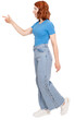 © Designerant - Woman walking and pointing, full length side view young 20s caucasian bob haircut woman walking and pointing aside on copy space workspace area. Isolated transparent png background.