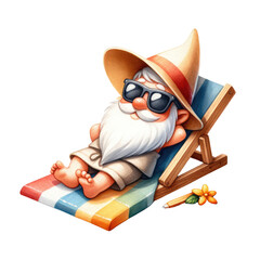 Summer time with cute gnomes. gnomes on the beach and in the pool. Active summer vacation. gnome Sunbathing on a beach towel. 