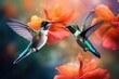 Hummingbirds hovering over brightly colored flowers, A painting of two birds with blue and green feathers , Ai generated