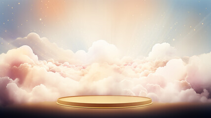 Wall Mural - an empty golden podium on a cloudy background for the presentation of goods in watercolor style