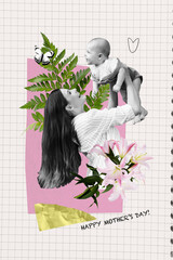 Sticker - Creative abstract template collage of happy young female play newborn baby celebrate mother day postcard billboard comics zine minimal